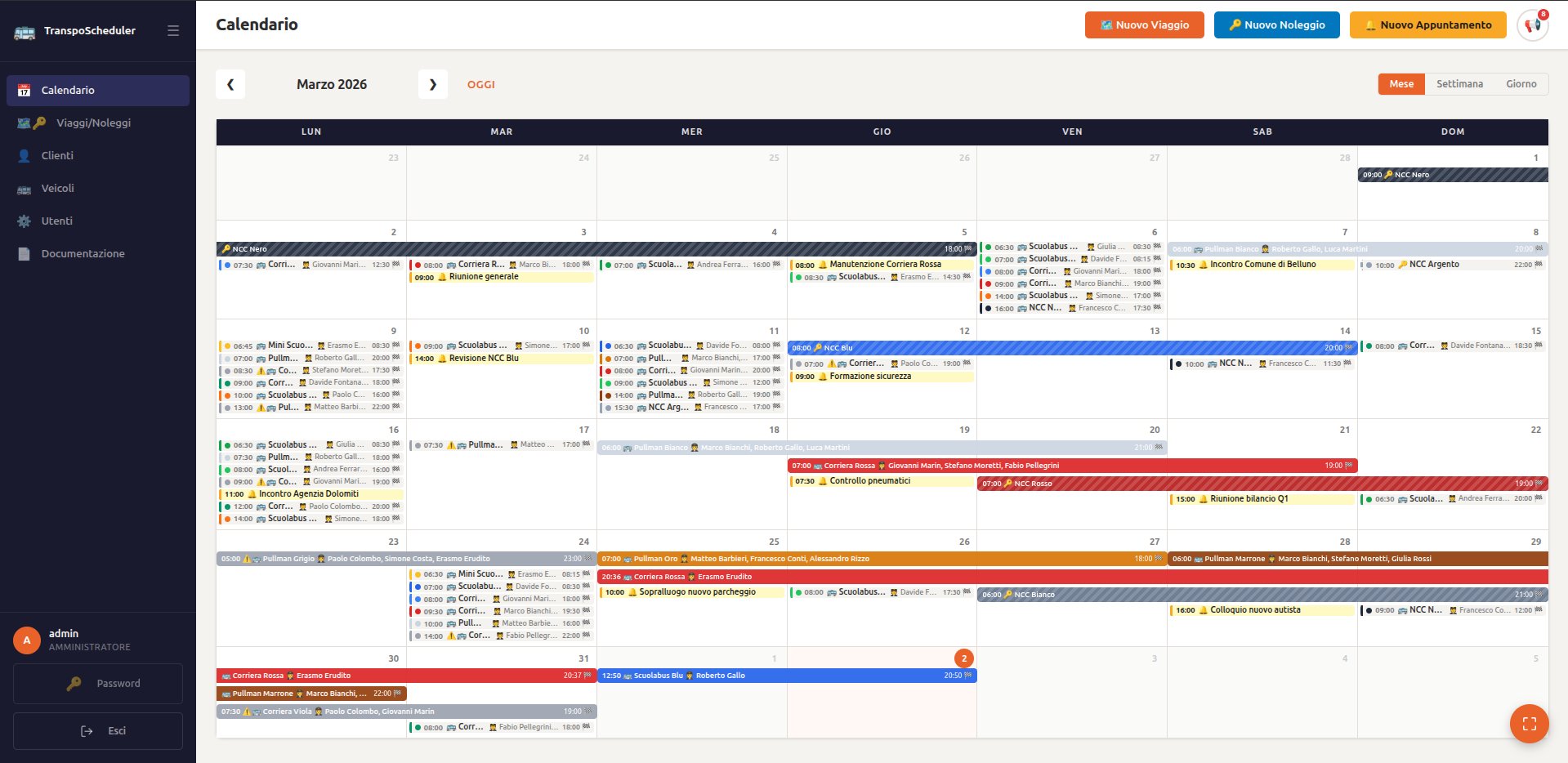 CeolAgenda — Vista Calendario Mese con viaggi, noleggi e appuntamenti